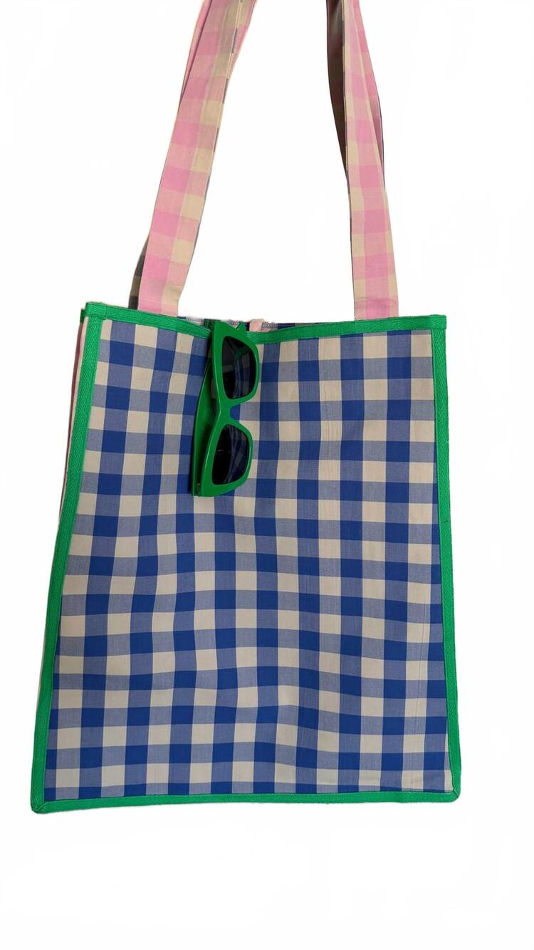 NEW FRNCH women's maderas gingham tote bag in azure blue